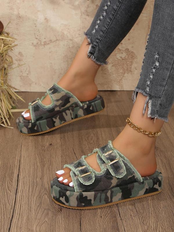 Women's Fashion Cow Print & Camouflage Pattern Belted Platform Slippers, Casual Comfortable Flat Sandals for Summer, Non-slip Slippers for Beach Vacation