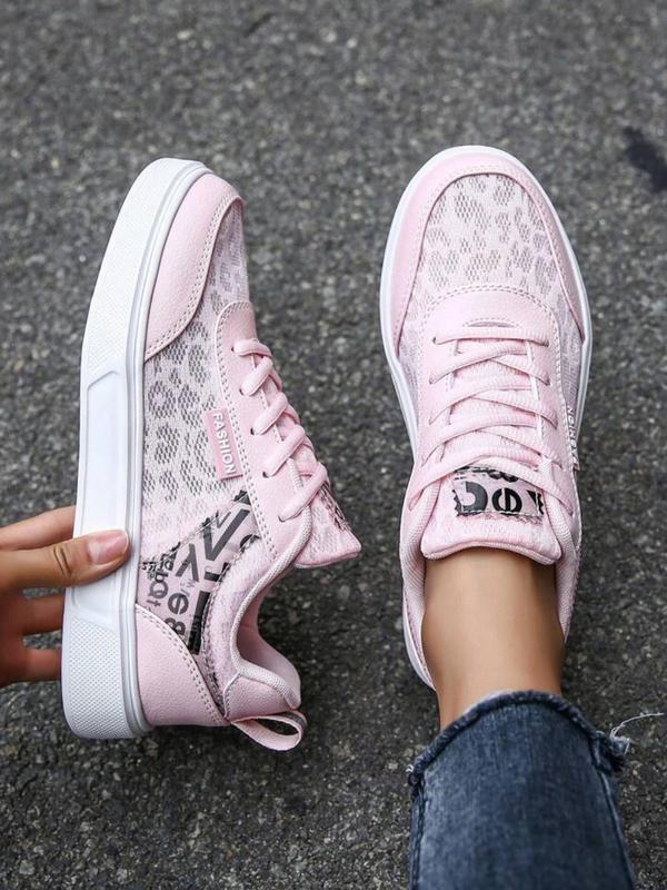 Women's Summer Letter & Leopard Patchwork Design Lace Up Sneakers, Designer Workout Sneakers, Comfortable 2024 Sports Shoes, Contrast Mesh Round Toe Skate Shoes