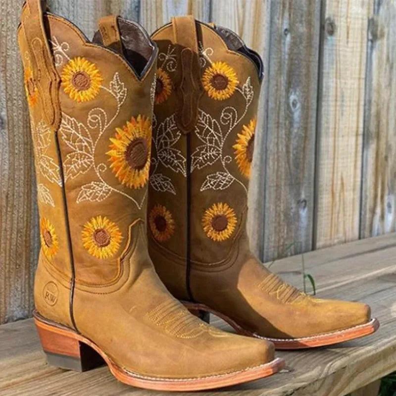 Coffee Brown Embroidered Western Cowboy Boots