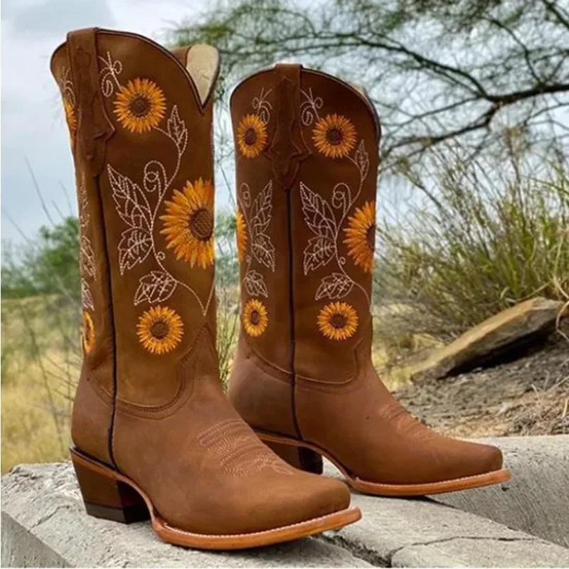 Coffee Brown Embroidered Western Cowboy Boots