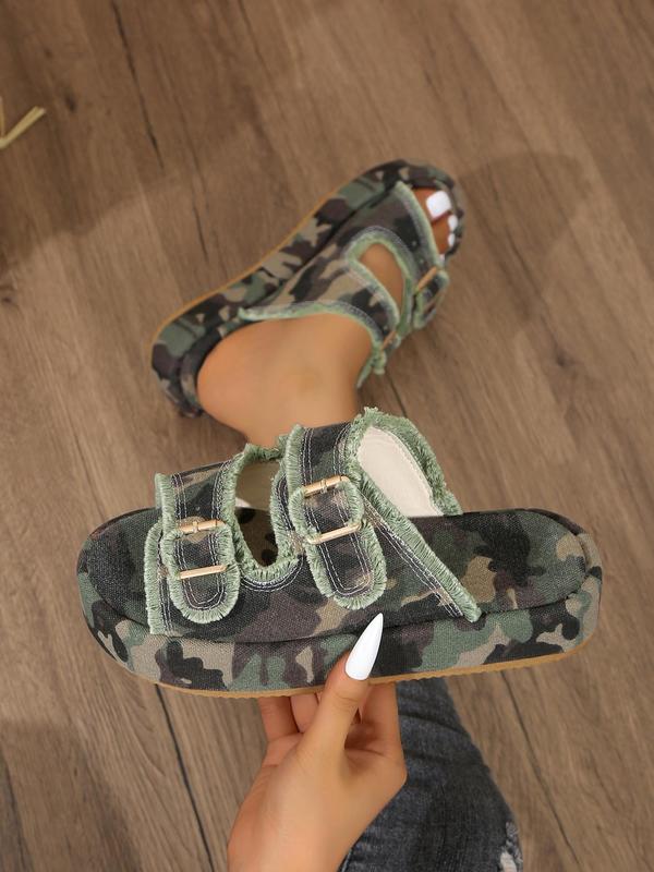 Women's Fashion Cow Print & Camouflage Pattern Belted Platform Slippers, Casual Comfortable Flat Sandals for Summer, Non-slip Slippers for Beach Vacation