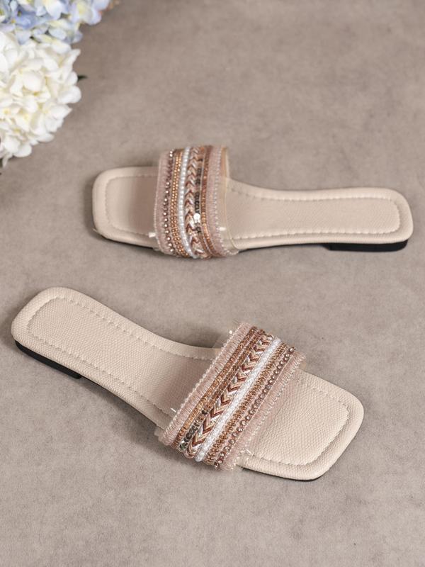 Women's Fashionable Rhinestone Decorated Contrast Sequin Design Sandals, Casual Open Toe Flat Sandals for Beach, Lightweight Comfortable Non-slip Sandals for Daily Wear