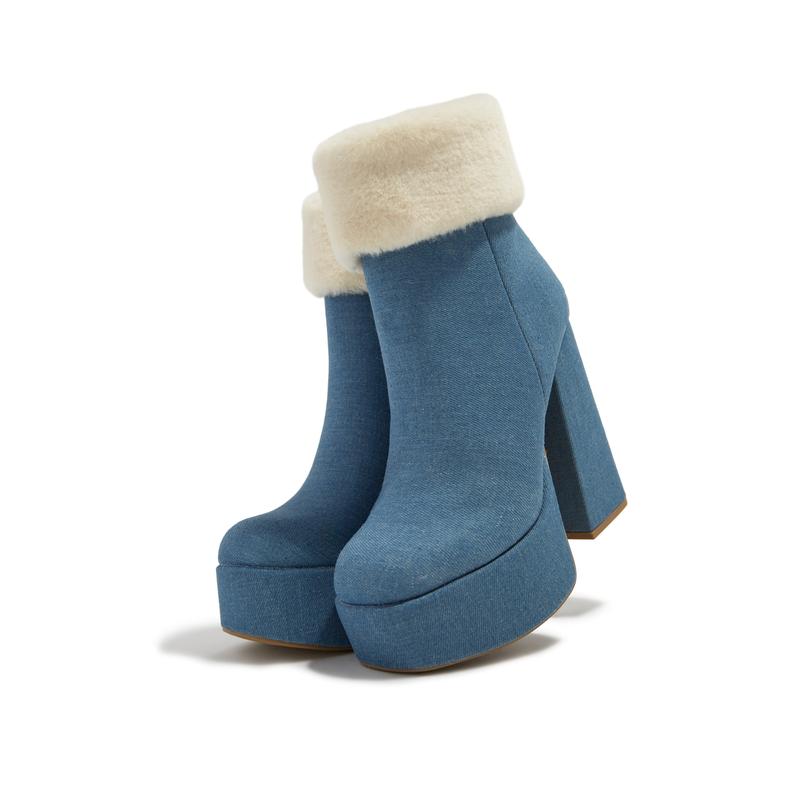 Ayla Faux Fur Platform Block Heel Ankle Boots - Denim