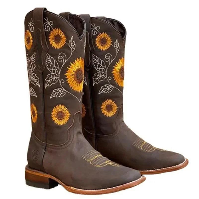 Coffee Brown Embroidered Western Cowboy Boots