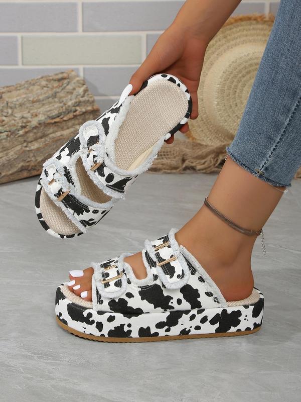 Women's Fashion Cow Print & Camouflage Pattern Belted Platform Slippers, Casual Comfortable Flat Sandals for Summer, Non-slip Slippers for Beach Vacation