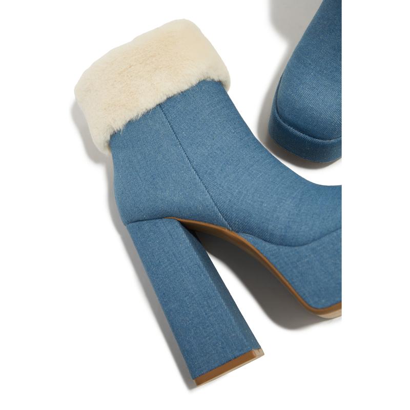 Ayla Faux Fur Platform Block Heel Ankle Boots - Denim