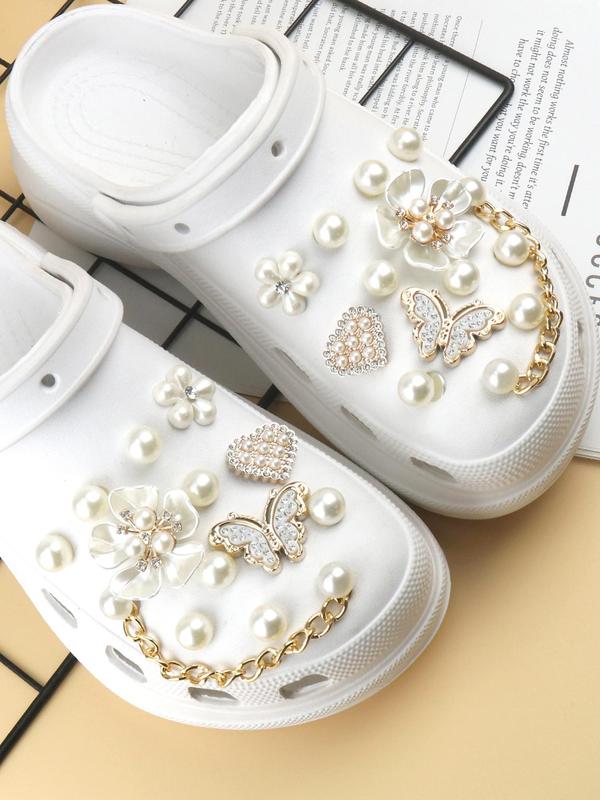 Cute Style Shoe Charms Set, Flower & Butterfly & Chain & Rhinestones Design Shoe Decoration, Fashionable Shoes Decoration for Women & Girls