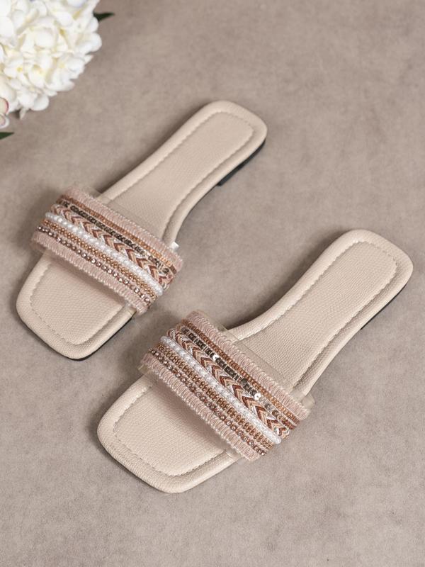 Women's Fashionable Rhinestone Decorated Contrast Sequin Design Sandals, Casual Open Toe Flat Sandals for Beach, Lightweight Comfortable Non-slip Sandals for Daily Wear