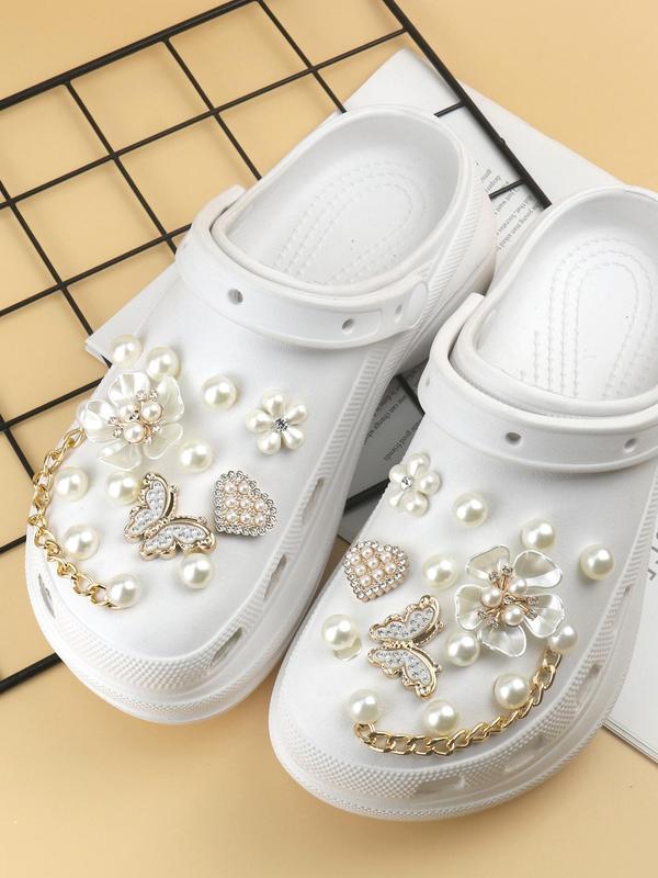 Cute Style Shoe Charms Set, Flower & Butterfly & Chain & Rhinestones Design Shoe Decoration, Fashionable Shoes Decoration for Women & Girls