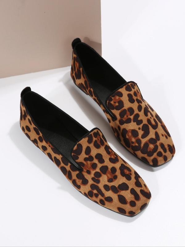 Women's Fashion Leopard Print Slip on Flat Shoes, Casual Comfortable Square Toe Loafers for Daily Wear, Female All-match Shoes for Daily Wear