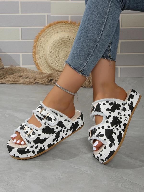 Women's Fashion Cow Print & Camouflage Pattern Belted Platform Slippers, Casual Comfortable Flat Sandals for Summer, Non-slip Slippers for Beach Vacation