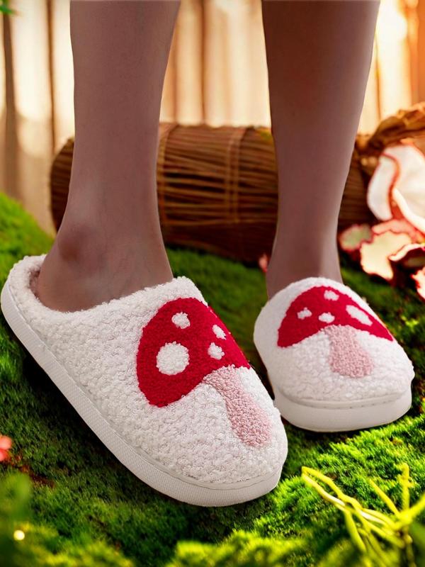 Women's Cute Mushroom Embroidery Plush House Slippers, Casual Soft Comfortable Home Slippers, Warm Slippers for Indoor & Outdoor Use for Fall & Winter