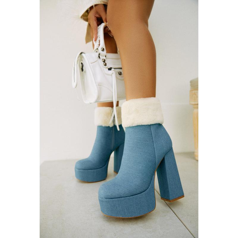 Ayla Faux Fur Platform Block Heel Ankle Boots - Denim