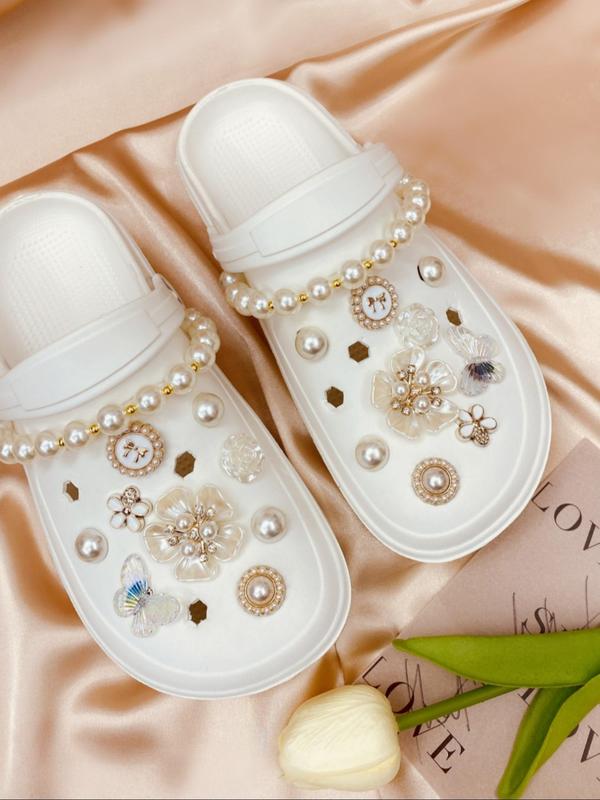 Elegant Faux Pearl Decorated Shoes Charm, Inlaid Rhinestones, 20pcs Butterfly & Bow & Flowers Design Shoes Decoration, Fashionable Shoes Accessories for Clogs