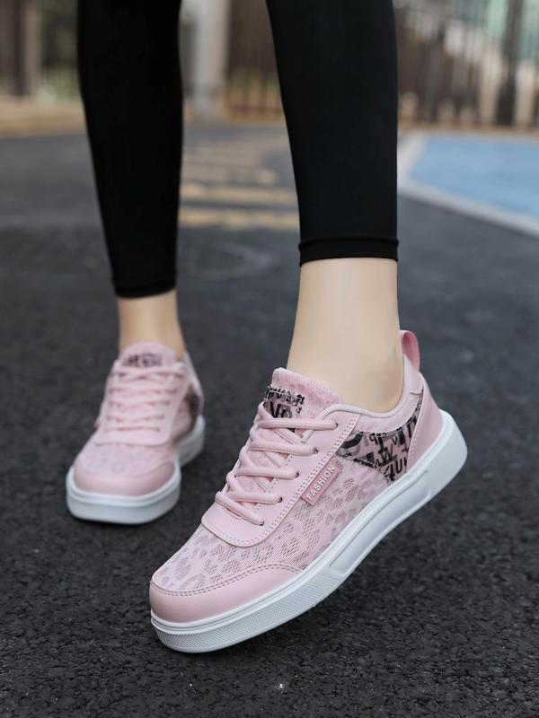 Women's Summer Letter & Leopard Patchwork Design Lace Up Sneakers, Designer Workout Sneakers, Comfortable 2024 Sports Shoes, Contrast Mesh Round Toe Skate Shoes