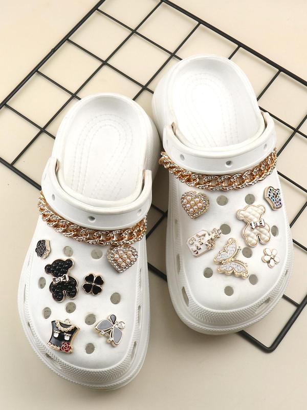 14pcs set Fashionable Bear & Flower Design Shoes Decorations, Cute Cartoon Chain & Butterfly Design Shoes Charm, Shoes Decoration Accessories