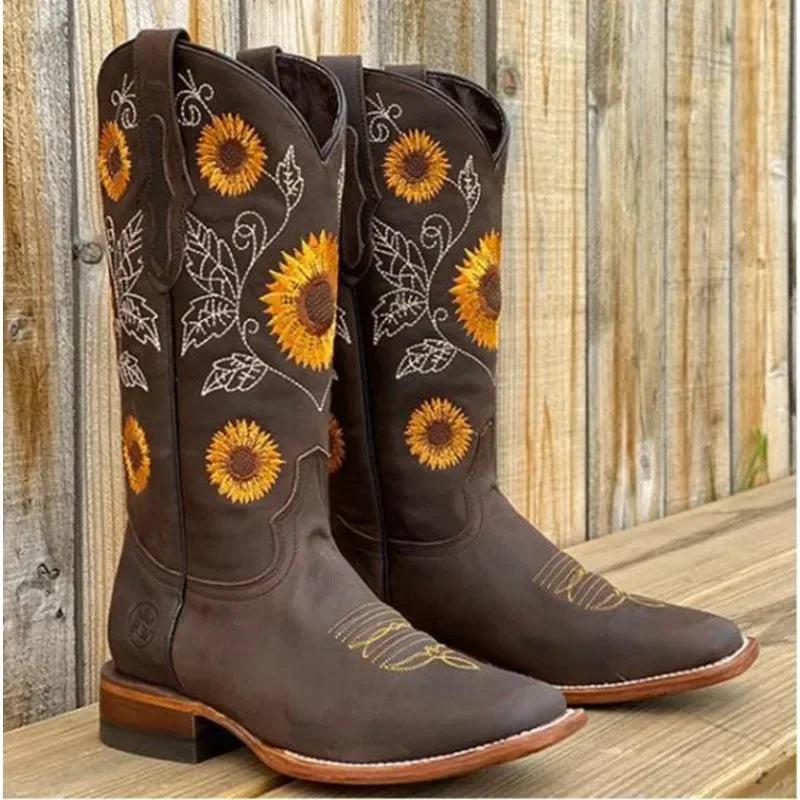 Coffee Brown Embroidered Western Cowboy Boots