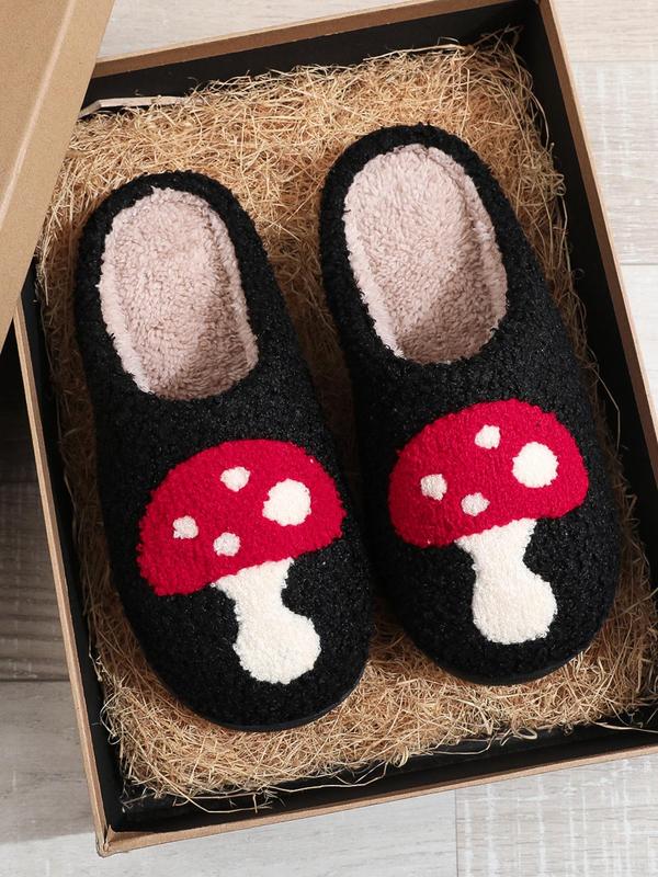 Women's Cute Mushroom Embroidery Plush House Slippers, Casual Soft Comfortable Home Slippers, Warm Slippers for Indoor & Outdoor Use for Fall & Winter