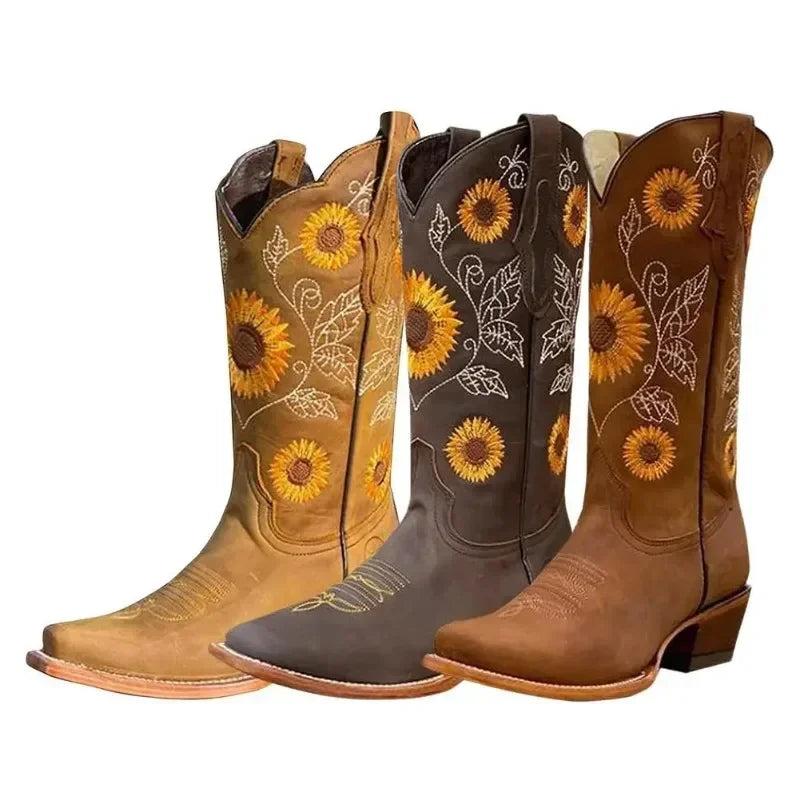 Coffee Brown Embroidered Western Cowboy Boots