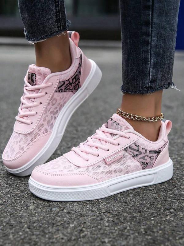 Women's Summer Letter & Leopard Patchwork Design Lace Up Sneakers, Designer Workout Sneakers, Comfortable 2024 Sports Shoes, Contrast Mesh Round Toe Skate Shoes