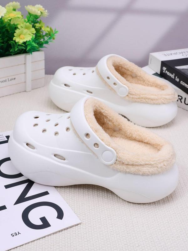 Women's Cute Plain Color Plush Lining Clogs, Casual Comfortable Hollow Out Design Clogs for Indoor & Outdoor Wear, Thick Sole Non-slip Nurse Shoes