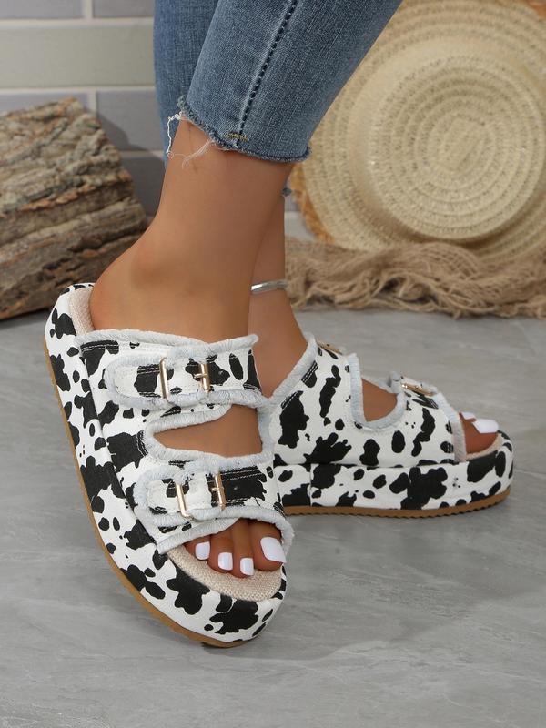 Women's Fashion Cow Print & Camouflage Pattern Belted Platform Slippers, Casual Comfortable Flat Sandals for Summer, Non-slip Slippers for Beach Vacation