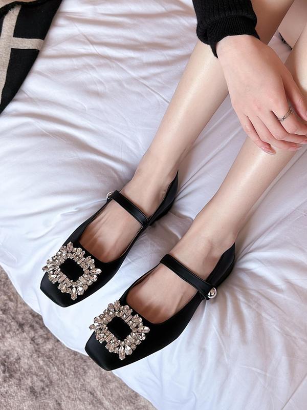 Women's Elegant Rhinestone Decorated Mary Jane Shoes, 2024 New Style Trendy Square Toe Flat Shoes, Fashionable Shoes for Daily Wear for Women