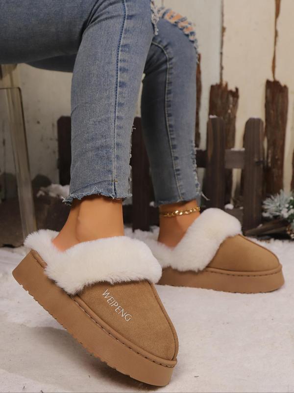 Women's Letter Embroidering Letter Contrast Faux Fur Slippers, Casual Soft Comfortable Home Slippers, Warm Slippers for Indoor & Outdoor Use for Winter