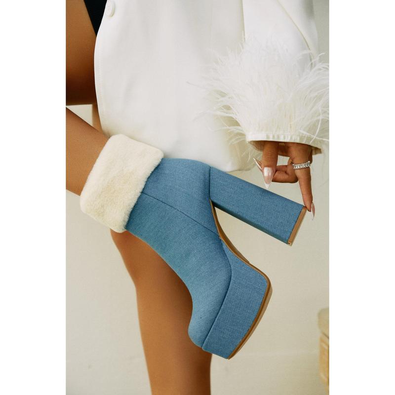 Ayla Faux Fur Platform Block Heel Ankle Boots - Denim