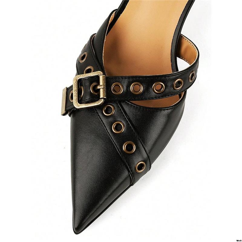 Mules Heels For Women Pointed Closed Toe Kitten Heeled Sandals Buckle Slip On Studded Pointy Stiletto Heels Party Dress Pumps