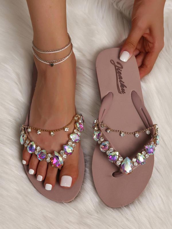 Women's Fashion Chain & Rhinestone Decorated Flip Flops, Casual Versatile Slide Sandals for Beach, Outdoor, Casual Comfortable Home Slippers for Daily Wear