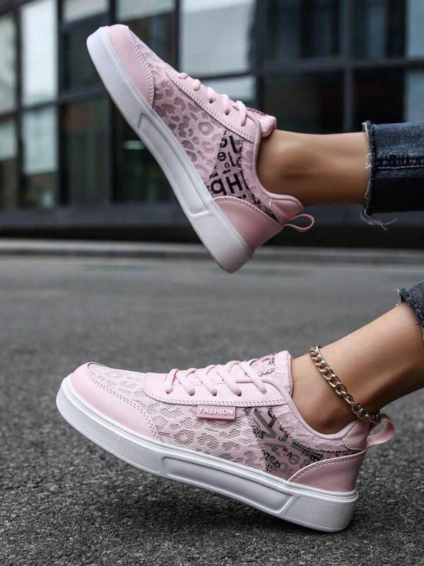 Women's Summer Letter & Leopard Patchwork Design Lace Up Sneakers, Designer Workout Sneakers, Comfortable 2024 Sports Shoes, Contrast Mesh Round Toe Skate Shoes