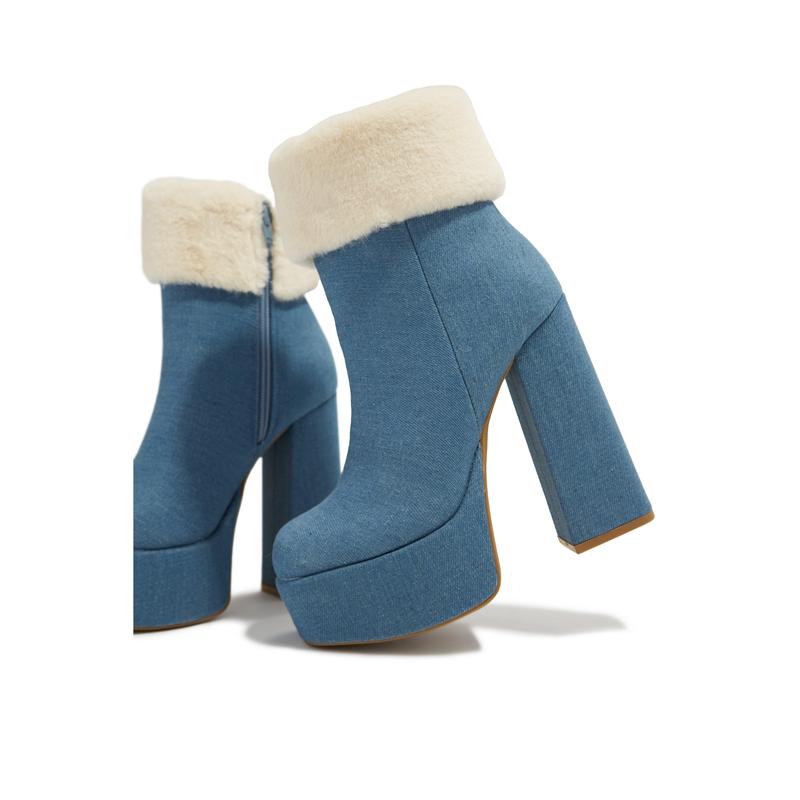 Ayla Faux Fur Platform Block Heel Ankle Boots - Denim