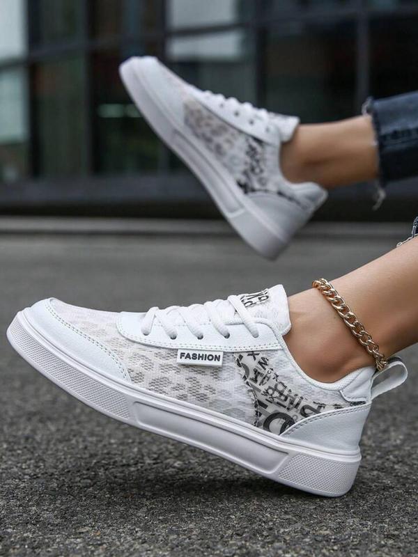 Women's Summer Letter & Leopard Patchwork Design Lace Up Sneakers, Designer Workout Sneakers, Comfortable 2024 Sports Shoes, Contrast Mesh Round Toe Skate Shoes