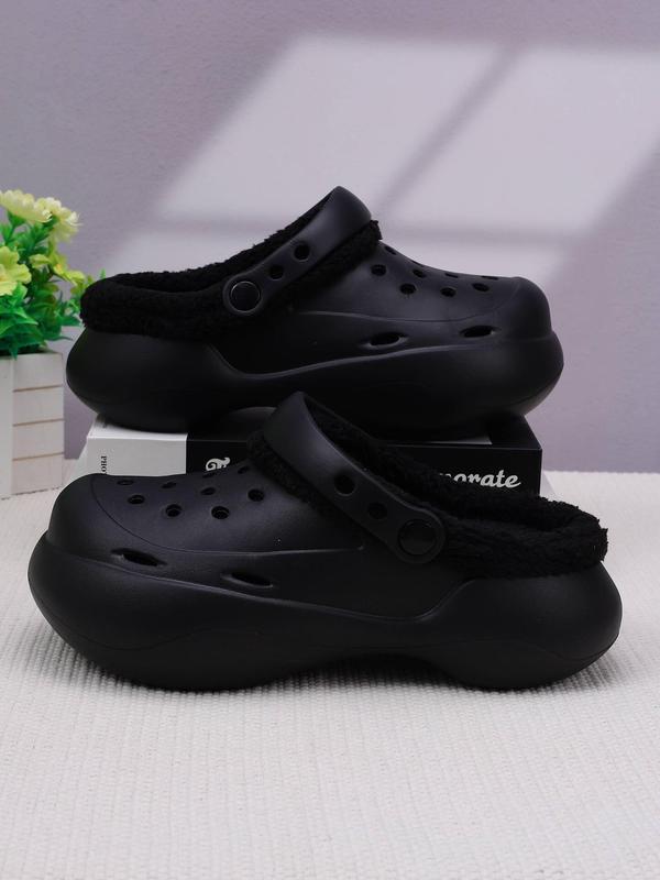 Women's Cute Plain Color Plush Lining Clogs, Casual Comfortable Hollow Out Design Clogs for Indoor & Outdoor Wear, Thick Sole Non-slip Nurse Shoes