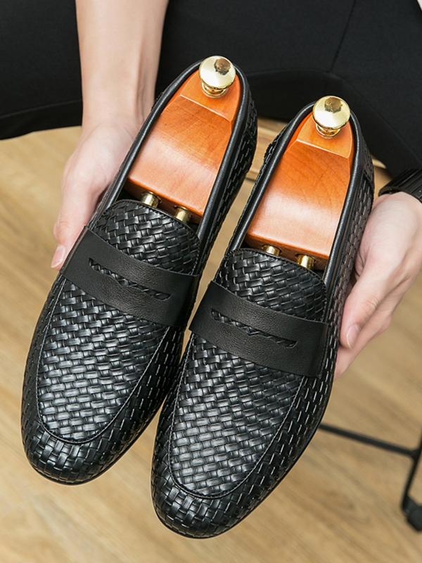 Men's Business Formal Braid Design Slip-on Loafers, Fashionable Round Toe Flat Shoes for Work Office, Male All-match Commuter Shoes for Daily Wear