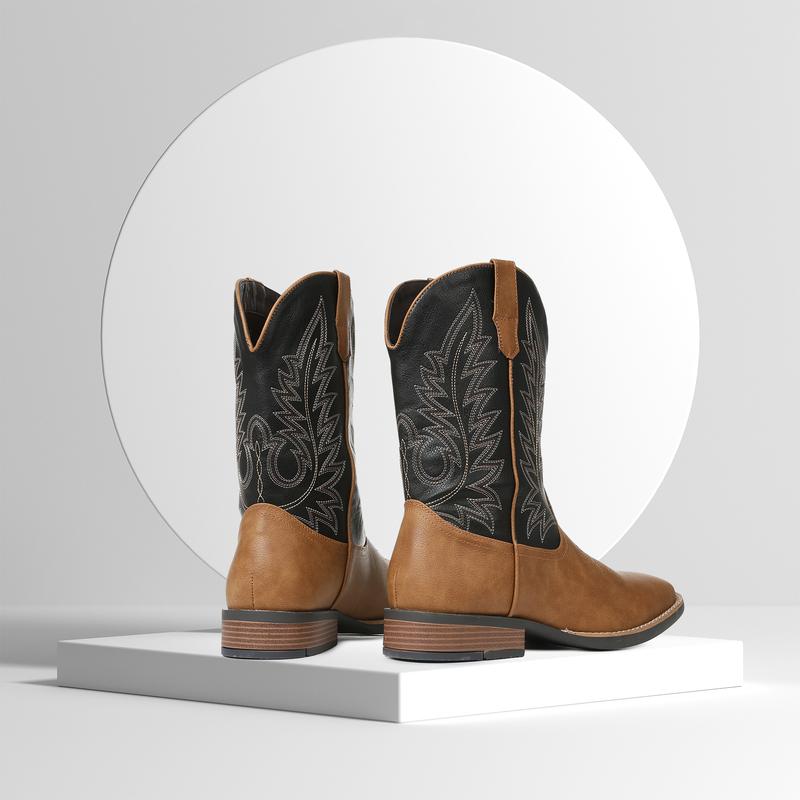 VIMI VIMI Cowboy Boots for Men Western Square Toe Pull on Embroidered Chunky Heels Mid Calf Boot Booties