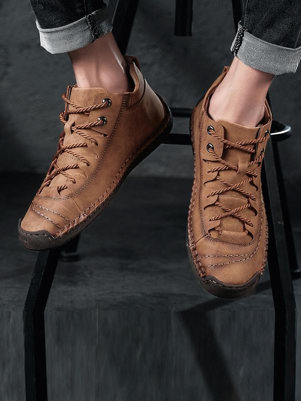 Men's Casual Lace Up Front PU Leather Shoes, Fashionable Comfortable Breathable Dress Shoes