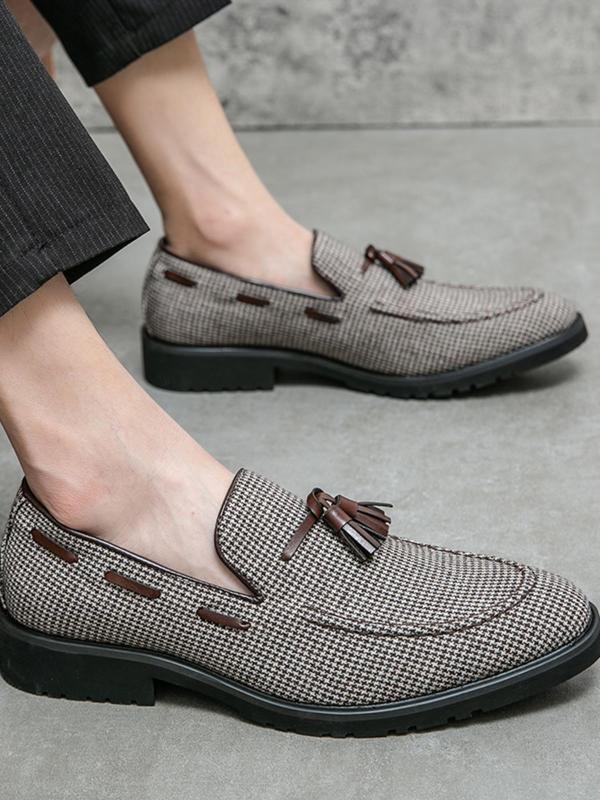 Men's Houndstooth Pattern Tassel Decor Loafers, 2024 New Style Casual Comfortable Slip-on Shoes for Party Daily Wear, Fashionable Shoes for Men