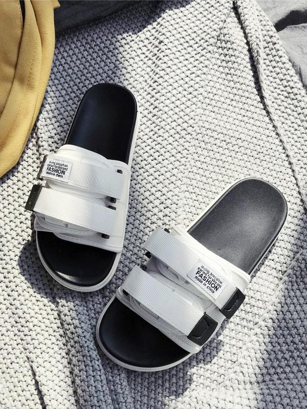 Letter Label Double Buckle Sneaker Slippers, Summer 2024 Velcro House Slide for Men, Trendy Adjustable Flat Slide Slippers for Beach, Boy Comfort Walking Shoes