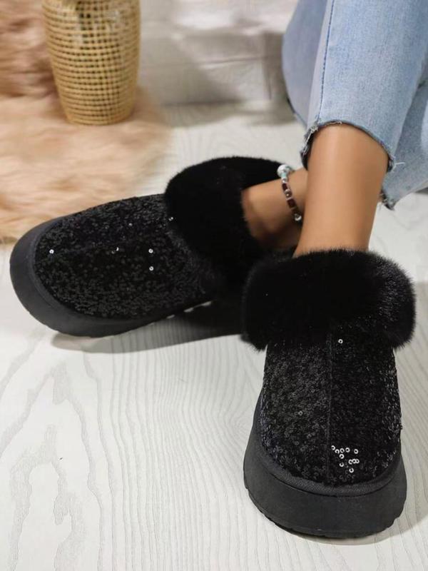 Women's Fashionable Glitter Sequin Design Slip on Snow Boots, Casual Warm Fluffy Lined Ankle Boots for Fall & Winter, Female All-match Round Toe Shoes for Daily Wear