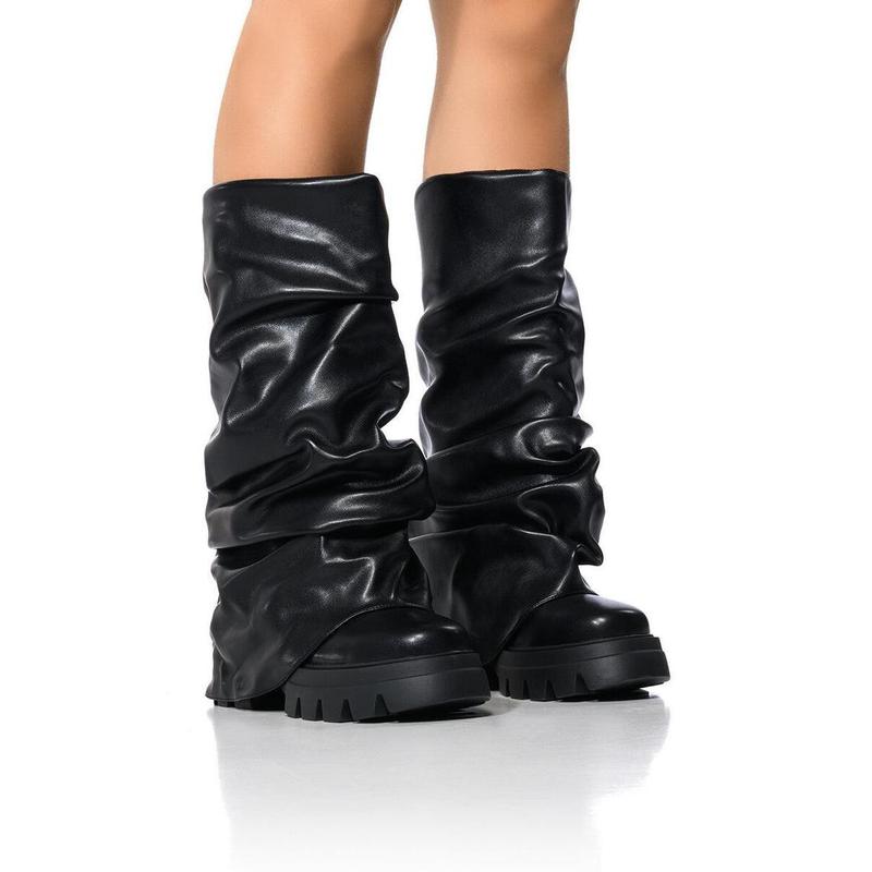 AZALEA WANG MATE BLACK RUCHED BOOT moto boots