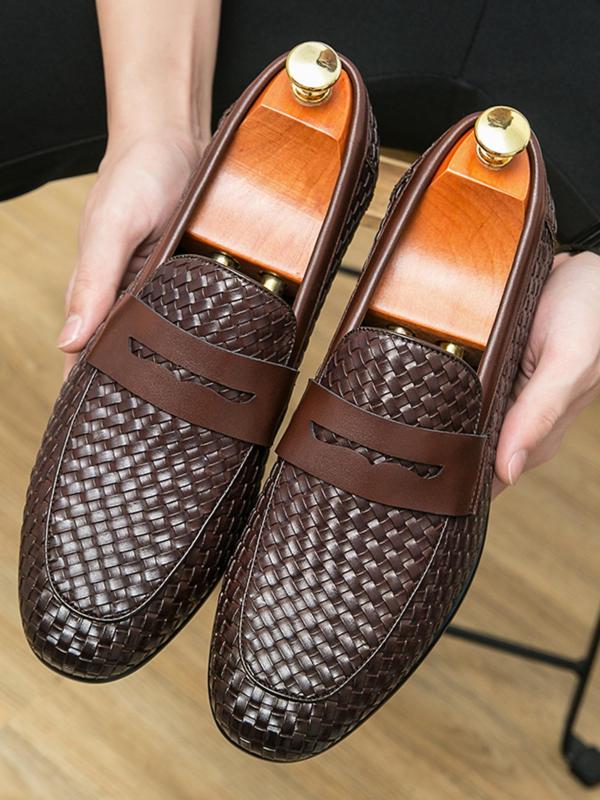 Men's Business Formal Braid Design Slip-on Loafers, Fashionable Round Toe Flat Shoes for Work Office, Male All-match Commuter Shoes for Daily Wear