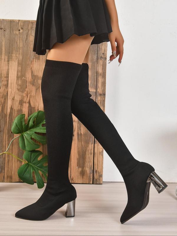 Women's Solid Color Pointed Toe Over-the-knee Boots, 2024 New Style Fashionable Flare Heeled Boots for Fall & Winter, Women's Boots for Daily Wear