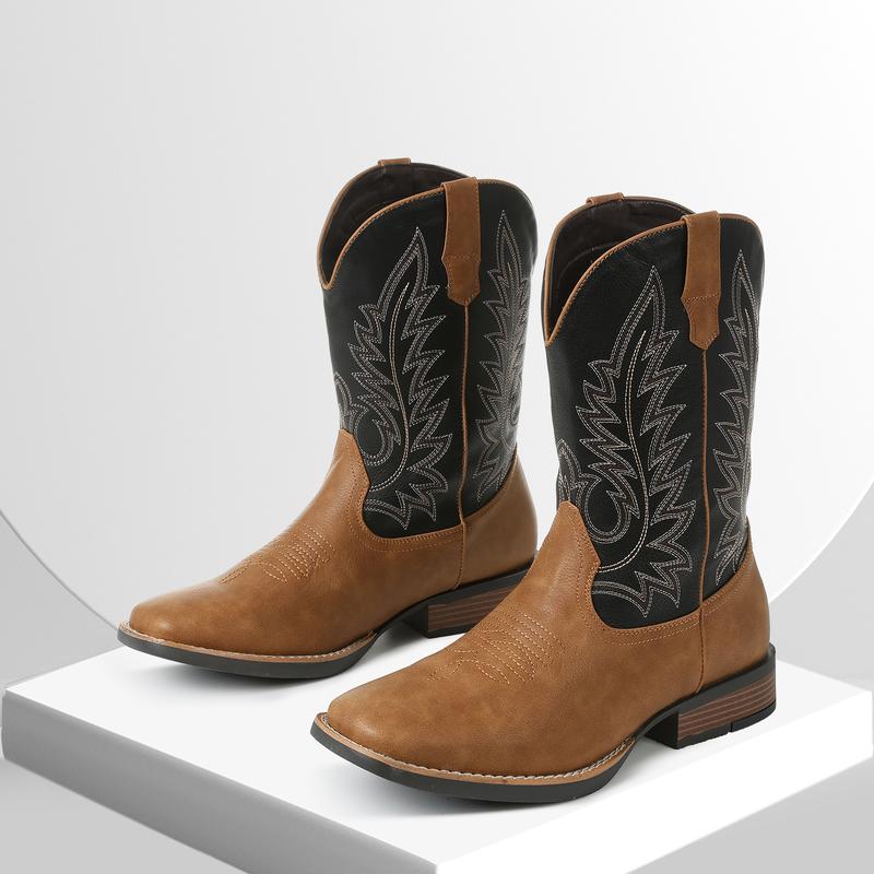 VIMI VIMI Cowboy Boots for Men Western Square Toe Pull on Embroidered Chunky Heels Mid Calf Boot Booties