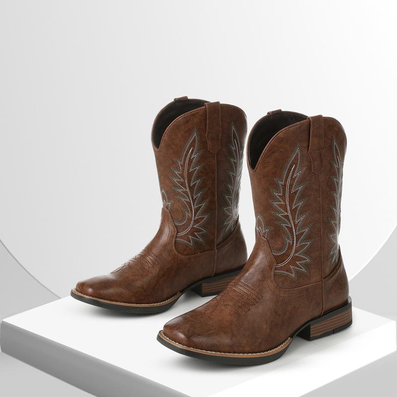 VIMI VIMI Cowboy Boots for Men Western Square Toe Pull on Embroidered Chunky Heels Mid Calf Boot Booties