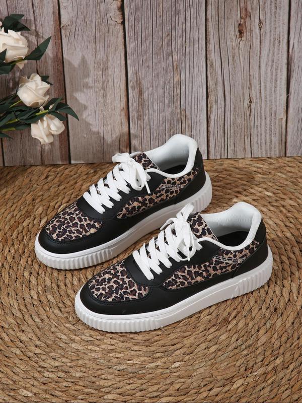 Women's Fashion Leopard Print Lace Up Low Top Sneakers, Casual Comfortable Sports Shoes for Daily Wear, Female Designer All-match Round Toe Shoes for Daily Wear