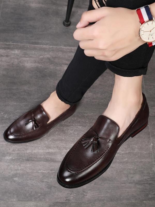 Men's Business Style Solid Color Tassel Decor Slip-on Loafers, Fashionable Pointed Toe Dress Shoes for Work Office, Male All-match Commuter Shoes for Daily Wear