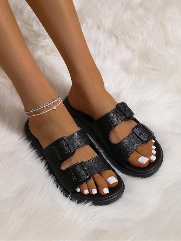 Summer 2024 Glittering Platform Buckle Design Slide Slippers As Gifts Back To School, Non-slip Adjustable Slide Walking Shoes for Indoor & Outdoor, Comfort Barefoot Shoes, Footwear