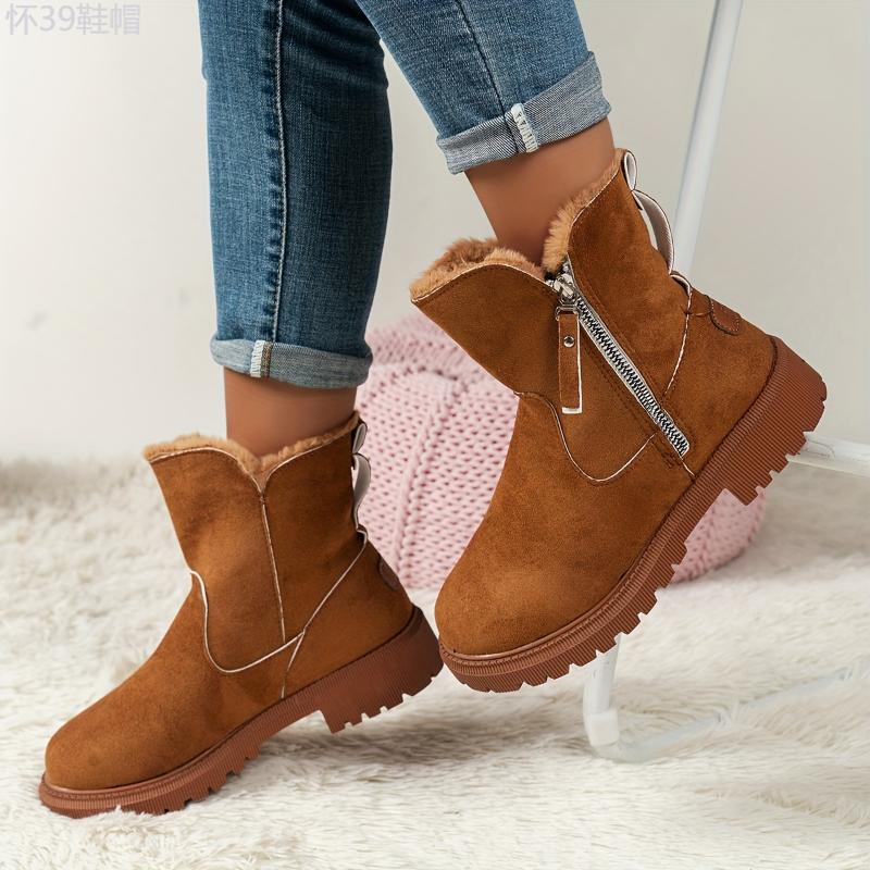 Cozy Plush Lined Short Boots for Women - Soft, Comfortable, and Warm Winter Ankle Boots with Fashion Side Zipper and Cushioned Insoles for Daily Wear Girl Walking Shoes Footwear Rubber Platform casual beige